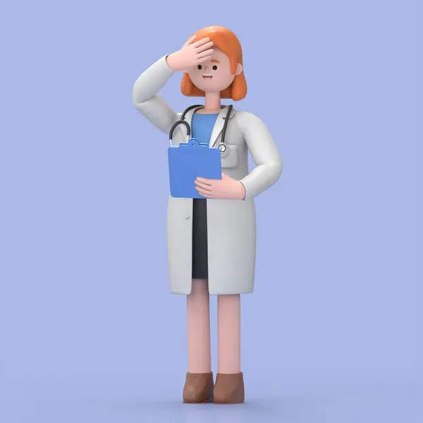 3D illustration of Female Doctor Nova confused. Thinking man touches head and looks at camera. Medical clip art isolated on blue background. Problem solving concept. Professional therapist at work