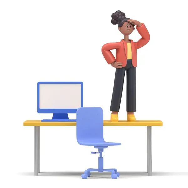 3D illustration of african woman Coco is standing on the office table and looking into the distance in search of employees. We are hiring banner. Hiring and recruitment concept.