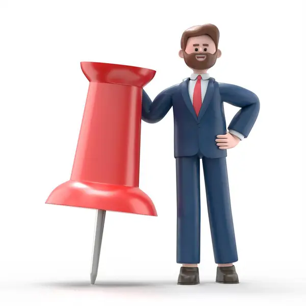 Illustration American Businessman Bob Leaning Huge Red Pushpin Rendering White — Stock Photo, Image