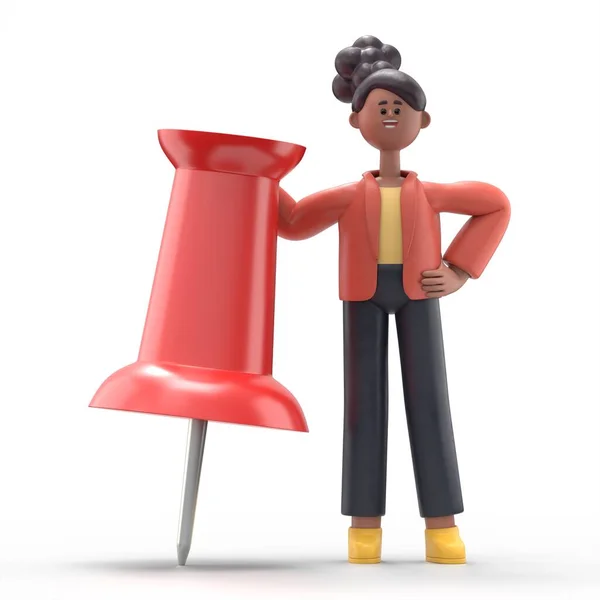 Illustration African Woman Coco Leaning Huge Red Pushpin Rendering White — Stock Photo, Image