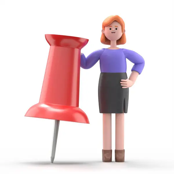 Illustration European Businesswoman Ellen Leaning Huge Red Pushpin Rendering White — Stock Photo, Image