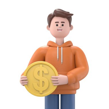 Üç boyutlu resimde gülümseyen işadamı Qadir 'in elinde dolar parası var. Başarı ve para yatırımı kavramı. Beyaz arkaplanda 3B görüntüleme.