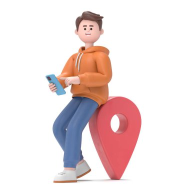 Harita iğnesinin yanında akıllı telefon kullanan erkek Qadir 'in 3 boyutlu resmi, beyaz arkaplanda 3D görüntüleme.