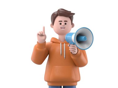 Erkek adam Qadir 'in megafonla konuştuğu ve dikkat çektiği, indirimli tanıtım yaptığı, beyaz arka planda 3D görüntüler..