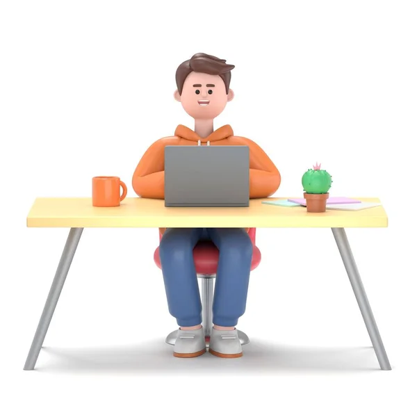 3D illustration of a smiling businessman Qadir  working at the desk in modern office. Portraits of cartoon characters or freelancer using laptop,  Workplace concept. 3D rendering on white background.