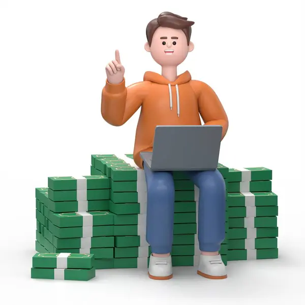 3D Illustration of smiling businessman Qadir working with a computer, sitting on a bundle of a bundle of money.3D rendering on blue background.