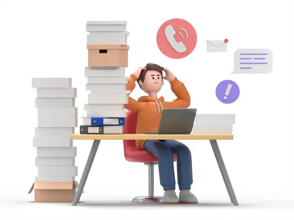 3D illustration of male guy Qadir.Tired and exasperated office worker is grabbed his head among piles of papers and documents. Stress in the office. Rush work.