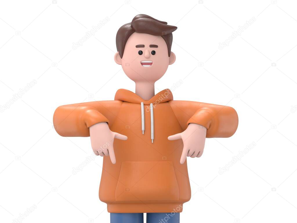 3D illustration of male guy Qadir smiling, pointing and looking down at sale, advertisement.3D rendering on white background.