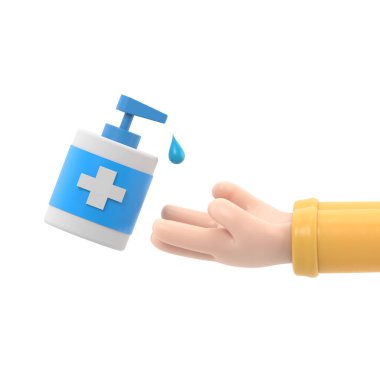 El dezenfeksiyonu için antibakteriyel jel. Bir şişe antiseptik. Dezenfektan konsepti. 3D düz tasarım. Koronavirüs önleyici Covid-19. Kişisel hijyen. Alkol yıkama.