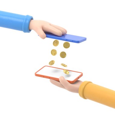 Mobil ödeme para transferi düz 3d izometri izometrik finansal işlem kavramı web 3d illüstrasyon. Bir telefondan diğerine para yağmuru yağıyor. Yaratıcı insanlar koleksiyonu.