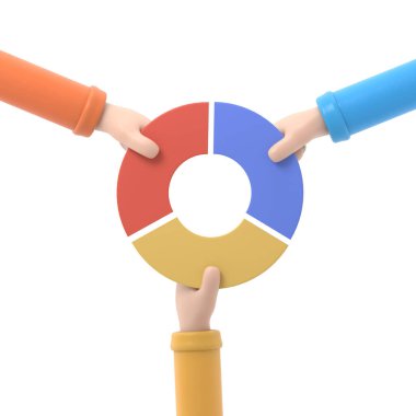 Pazar paylaşımı iş konsepti. Rakip iş adamı elinde pasta grafiği tutuyor. Rekabet. Ekonomik paylaşım karlı 3D çizim düz tasarım. Beyaz arkaplanda 3B görüntüleme.