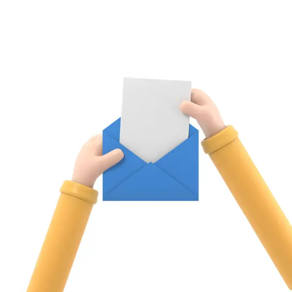 卡通造型Icon Mockup Hand从信封里掏出一张空纸片 邮件概念 白色背景下平面3D渲染的3D图形 — 图库照片