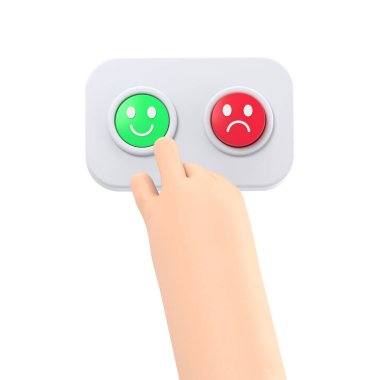 Memnun müşteri çizgi filmi el yeşil düğmeye basar. İş ya da piyasa klipsleri. Beyaz arkaplanda 3D pozitiflik hissi.