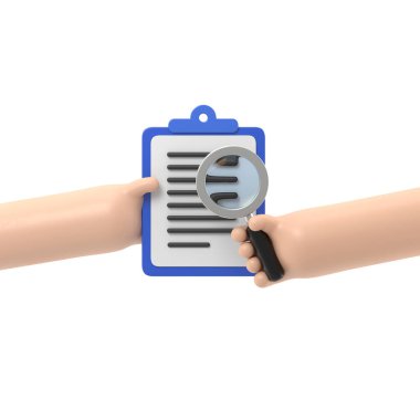 İş konsepti sözleşmesi teftişi, sözleşmeyi tutan eller ve büyüteç vasıtasıyla koşullarını incelemek. Beyaz arka planda üç boyutlu görüntüleme..