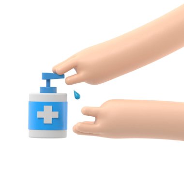 El yıkama antibakteriyel alkol oranı% 75. Kişisel hijyen için bir şişe hijyen ürünü. Hijyenik jel halka açık bir yerde. Koronavirüsü önleme kovid 19. Alkol sıvısı yassı ikon. Beyaz arkaplanda 3B görüntüleme.