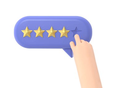 Kullanıcı eli anket formunu işaret ediyor ve sarı yıldızı seçiyor. Beş yıldızlı müşteri değerlendirmesi. Çevrimiçi geribildirim, beyaz arkaplanda 3B görüntüleme.