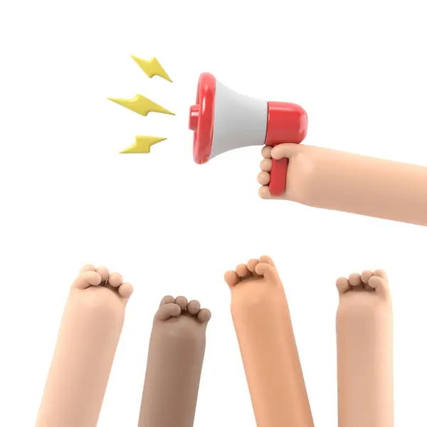 Cartoon hands of demonstrants and hand with Megaphone,protest concept,revolution,conflict,3d illustration in flat design .3D rendering on white background.