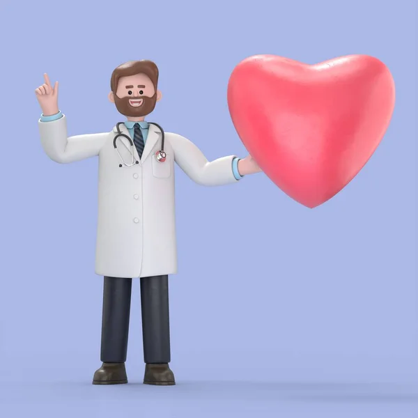 3D illustration of Male Doctor Iverson with heart shape.Medical presentation clip art isolated on blue background.