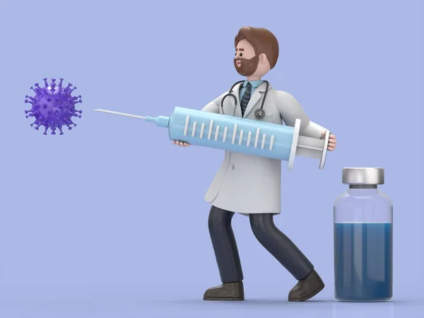 3D illustration of Male Doctor Iverson fights Coronavirus infection. Vaccine against covid-19 virus inside big syringe.Medical presentation clip art isolated on blue background.