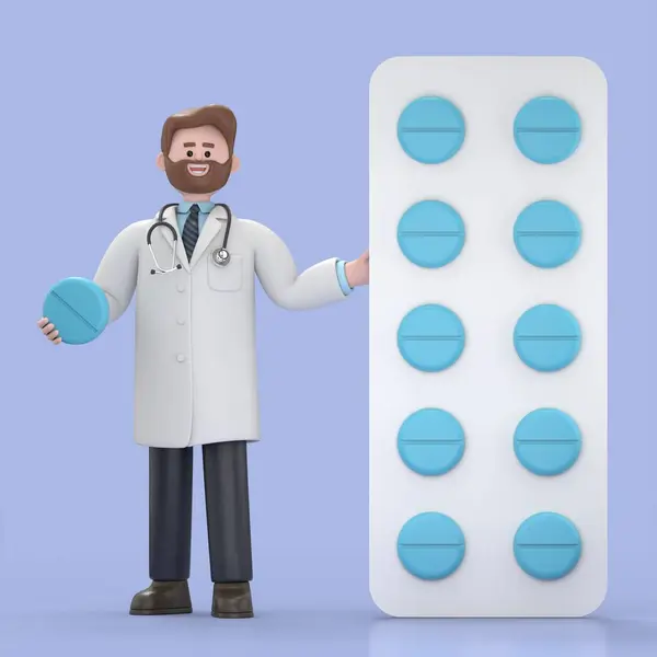 3D illustration of Male Doctor Iverson stands near the big pack of yellow pills. Pharmacist holding one round pill.Medical presentation clip art isolated on blue background.