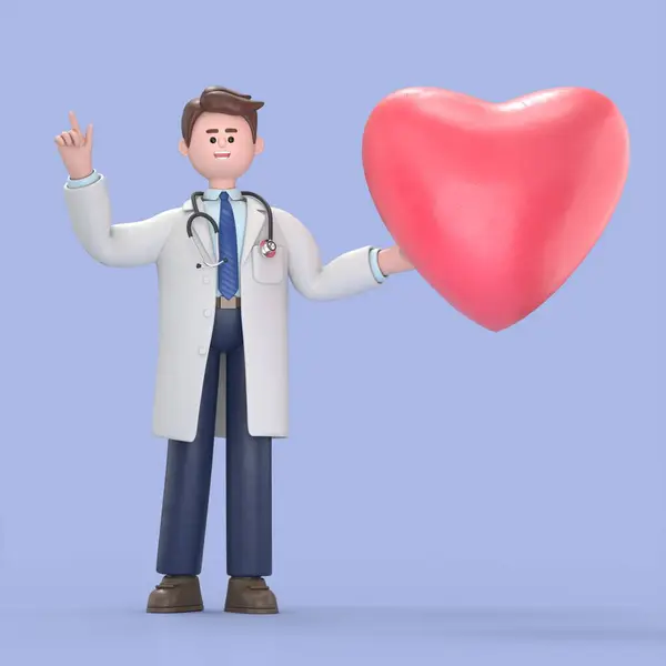 3D illustration of Male Doctor Lincoln with heart shape.Medical presentation clip art isolated on blue background.