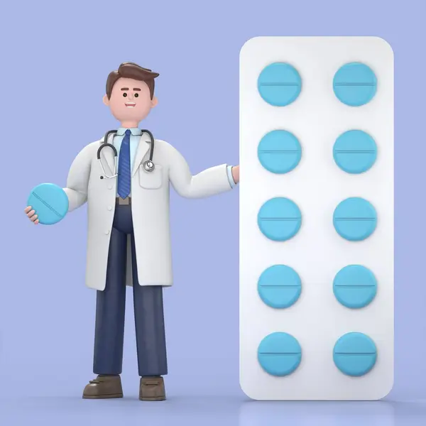 3D illustration of Male Doctor Lincoln stands near the big pack of yellow pills. Pharmacist holding one round pill.Medical presentation clip art isolated on blue background.