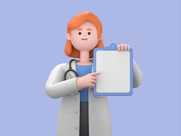 3D illustration of Female Doctor Nova holds blue clipboard with blank document.Health insurance. Professional therapist, hospital assistant.Medical presentation clip art isolated on blue background.