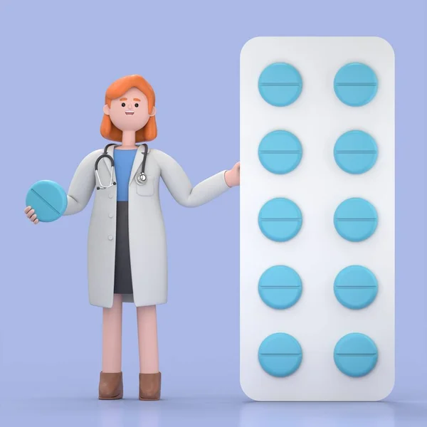 3D illustration of Female Doctor Nova stands near the big pack of yellow pills. Pharmacist holding one round pill.Medical presentation clip art isolated on blue background.