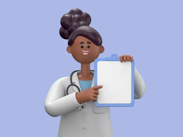 3D illustration of Female Doctor Juliet holds blue clipboard with blank document.Health insurance. Professional therapist, hospital assistant.Medical presentation clip art isolated on blue background.