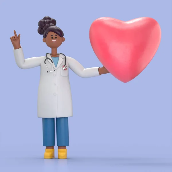 3D illustration of Female Doctor Juliet with heart shape.Medical presentation clip art isolated on blue background.