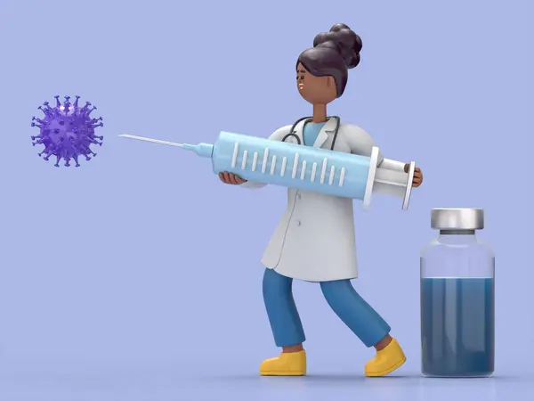 3D illustration of Female Doctor Juliet fights Coronavirus infection. Vaccine against covid-19 virus inside big syringe.Medical presentation clip art isolated on blue background.