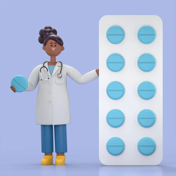 3D illustration of Female Doctor Juliet stands near the big pack of yellow pills. Pharmacist holding one round pill.Medical presentation clip art isolated on blue background.