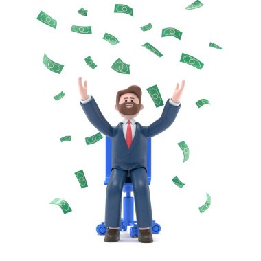 3 boyutlu gülümseyen sakallı Amerikalı iş adamı Bob, para altında ofis koltuğunda oturan başarısını resmediyor..