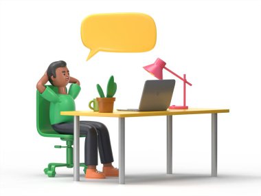 Üç boyutlu yakışıklı afro adam David Business çalışanı iş yerinde sıkılmış. Ofis işi hayat konsepti. Beyaz arkaplanda 3B görüntüleme.