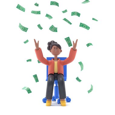 Afrikalı bir kadının 3 boyutlu resmi, Coco 'nun para altında ofis koltuğunda oturmasının başarısını gösteriyor..