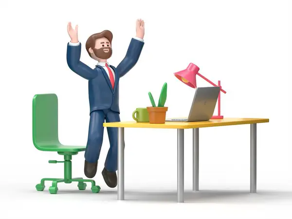3D illustration of smiling bearded american businessman Bob happy in the office.successful concept. Flat cartoon character.3D rendering on white background.