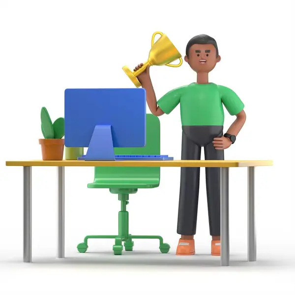 3D illustration of handsome afro man David with trophy, award certificate stand near table in office workplace. Office desk computer chair, lamp cactus document papers. Modern business workspace.