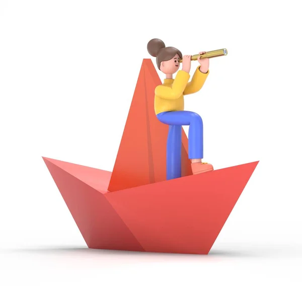 3D illustration of smiling Asian woman Angela.Direction of business and management. Paper boat, Ship on water, Flat business cartoon, Leadership concept.3D rendering on white background.