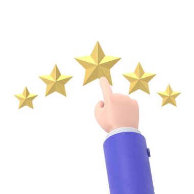 Beğeni simgesi. Yıldız 3D çizim düz tasarım. Geri bildirim konsepti. Değerlendirme sistemi. Pozitif eleştiri. Kaliteli iş. Adamın parmağı yıldızı gösterir. PNG dosyalarını şeffaf arkaplanlara aktarır.