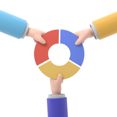 Pazar paylaşımı iş konsepti. Rakip iş adamı elinde pasta grafiği tutuyor. Rekabet. Ekonomik paylaşım karlı 3D çizim düz tasarım. Şeffaf arkaplan içeren PNG dosyalarını destekler.