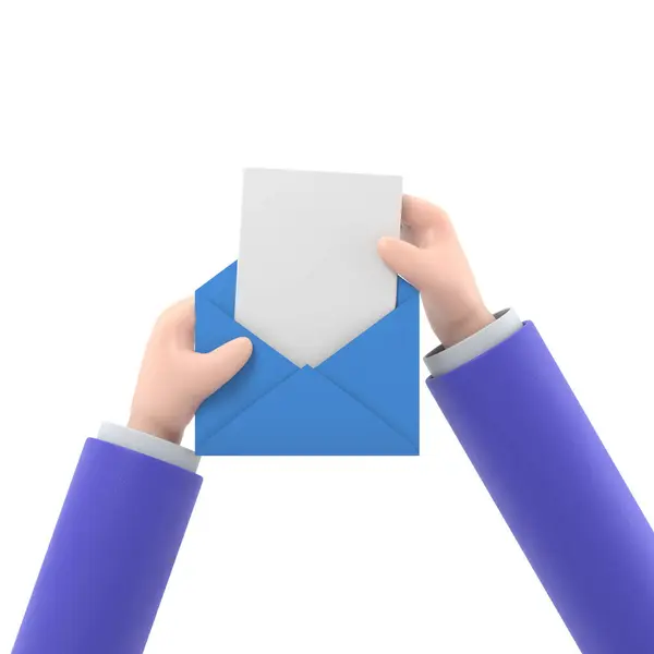 卡通造型Icon Mockup Hand从信封里掏出一张空纸片 邮件概念 平面样式的3D示例支持具有透明背景的Png文件 — 图库照片