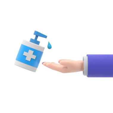 El dezenfeksiyonu için antibakteriyel jel. Bir şişe antiseptik. Dezenfektan konsepti. 3D düz tasarım. Koronavirüs önleyici Covid-19. Kişisel hijyen. Alkol yıkama.