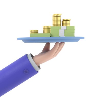 Çizgi film Jest Simgesi Mockup.Kolay para tasarımı konsepti. Üç boyutlu resimde para tabağıyla birlikte iş eli. Kredi al. PNG dosyalarını şeffaf arkaplanlara aktarır.