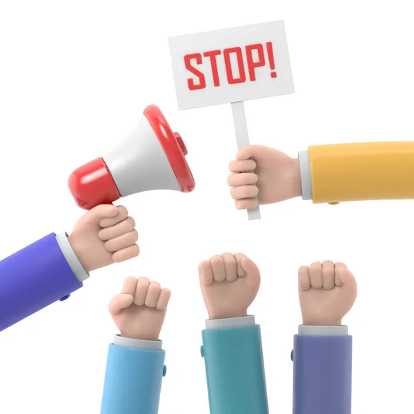 Мультиплікаційні Руки Демонстрантів Руки Мегафон Знак Зупинки Концепція Тестування Революція — стокове фото