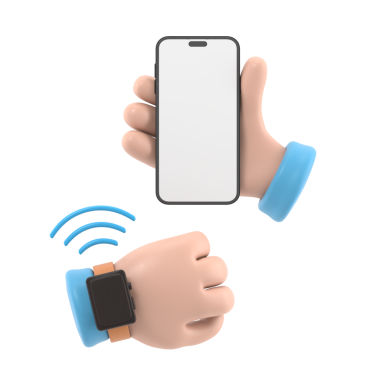 Çizgi film Jest Simgesi Mockup.3d NFC akıllı saati telefona bağlı. Kol saati jestinde kablosuz bağlantı kullanan çizgi film kolu, şeffaf arkaplan ile PNG dosyalarını destekler.