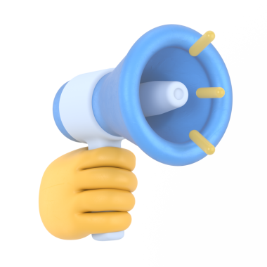 Çizgi film Hareketi Simgesi Mockup.3d el, sarı megafon gerçekçi simge tutuyor, şeffaf arkaplan PNG dosyalarını destekler.