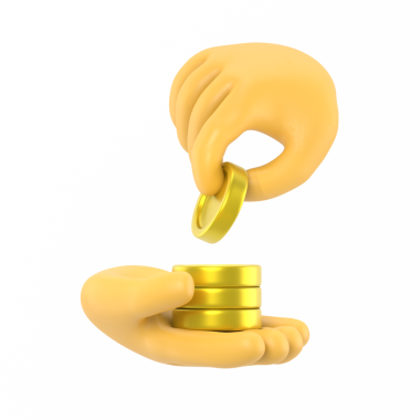 Çizgi film Jest Simgesi Mockup.3d Simge Siyah El Bozuklukları Veriyor. Para kavramı, altın sikkeler tasarım unsuru, şeffaf arkaplan PNG dosyalarını destekler.