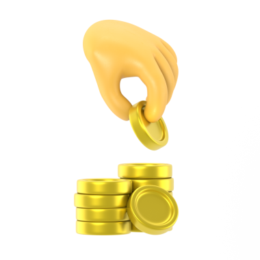 Çizgi film Jest Simgesi Mockup.3d Simge eli bozuk para veriyor. Para kavramı, altın sikkeler tasarım unsuru, şeffaf arkaplan PNG dosyalarını destekler.