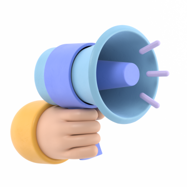 Çizgi film Hareketi Simgesi Mockup.3d el, sarı megafon gerçekçi simge tutuyor, şeffaf arkaplan PNG dosyalarını destekler.