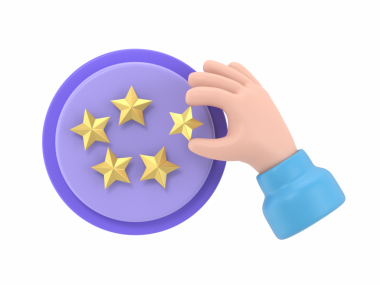 Çizgi film Jest Simgesi Mockup.3d beş altın yıldız değerlendirme rozeti. Altın pozitif müşteri deneyimi illüstrasyonu, şeffaf arkaplanı olan PNG dosyalarını destekler.